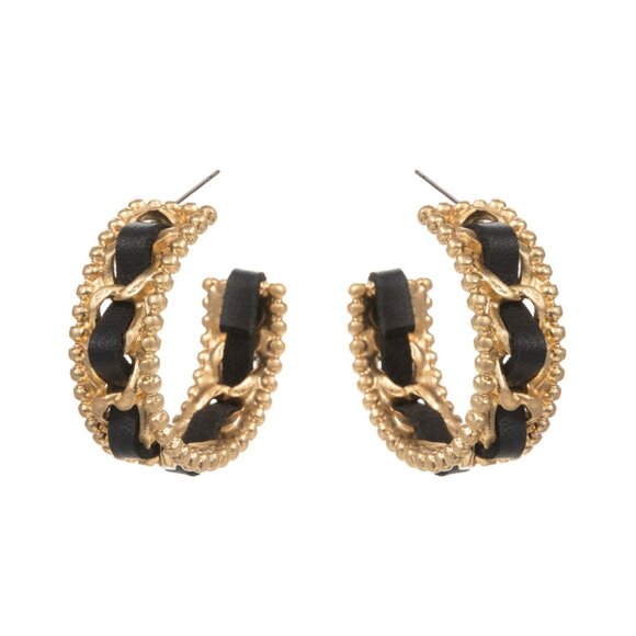 WHBM Black Leather Gold Toggle 2-Layer Bracelet Earrings Designer Inspo NEW - Picture 7 of 7